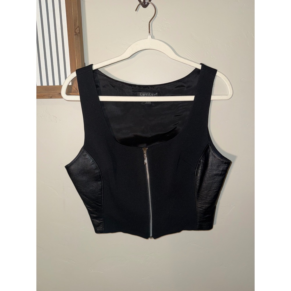 Karen Kane Studio Black Leather Trim Zip Front Crop Vest Size 8